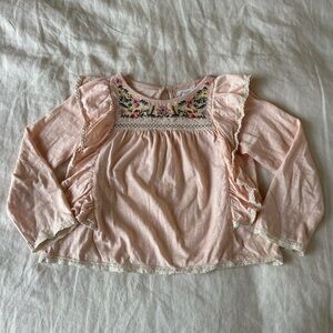 Bass10 Girls Embroidered Lace Trim Ruffle Blouse Size 4 Years